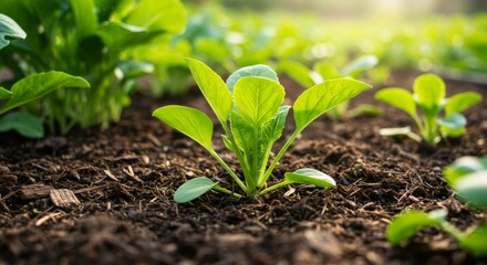 Lush green seedlings growing in fertile soil under sunlight for sustainable farming and eco-friendly agriculture concepts