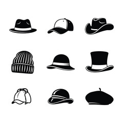 Collection of nine black and white vector icons of different hats and caps fedora baseball cap