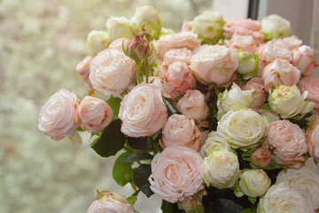 Bouquet of beautiful cream roses on the windowsill