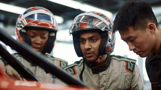 Multiethnic group of people in racing suits and helmets discuss car maintenance, motorsports teamwork in garage.