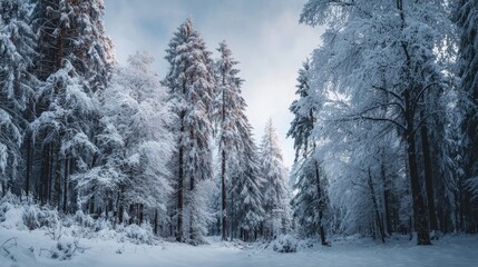 Snowcovered forest with evergreens and bare trees under a pale sky