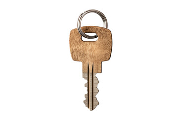 Wooden key isolated on a white background, symbolizing access and security in business concepts.