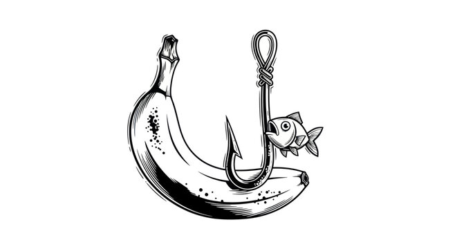 Humorous juxtaposition of a banana serving as bait on a fishing hook with a surprised fish