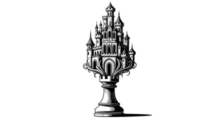 Intricate chess rook with a majestic castle on top symbolizing strategic defense and power © happy