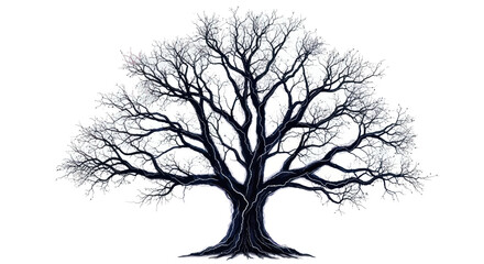 Intricate silhouette of a stark tree, its branches reaching skyward in winter's embrace against a