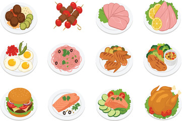 Meal plate vector set, grilled meat chicken steak salmon pasta burger eggs skewer food clipart, culinary dish illustration