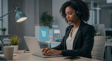 E-commerce customer support representative working online at modern office desk