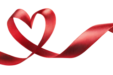 A bright red satin ribbon shaped into an open heart with trailing ends, showing smooth texture and sheen, isolated on transparent background.
