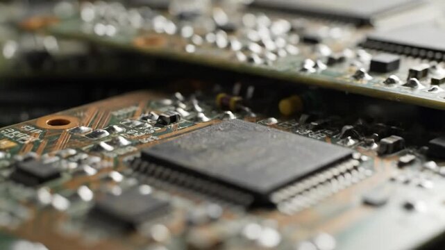 Closeup of a dustcovered circuit board with various components including a central integrated circuit