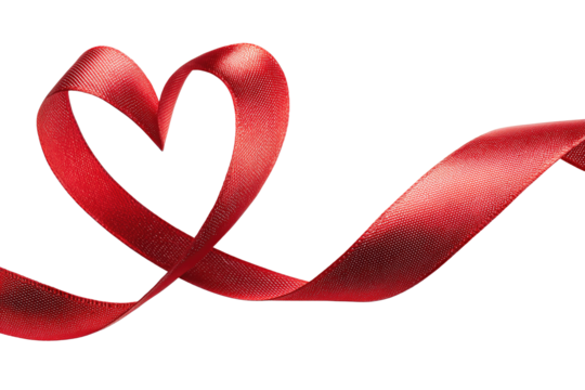 A bright red satin ribbon shaped into an open heart with trailing ends, showing smooth texture and sheen, isolated on transparent background.
