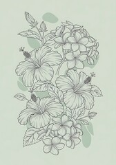 Elegant Floral Sketch of Hibiscus and Plumeria on Muted Green
