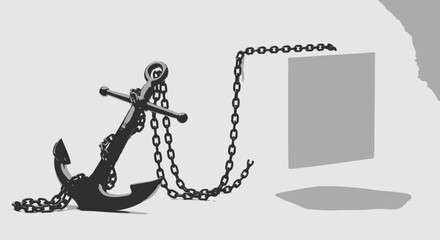 Monochrome maritime composition featuring an anchor tethered by a chain to a rectangle element © happy