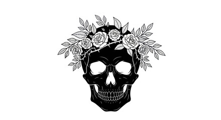 Monochrome skull adorned with roses and thorny vines conveys a poignant aesthetic balance
