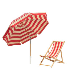 A vibrant red and white striped beach umbrella and a matching deck chair, ideal for sunny days and poolside relaxation.