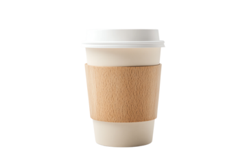 A stylish takeout coffee cup with a cardboard sleeve, perfect for coffee lovers on the go against a white background.