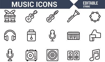 Fototapeta premium Music and entertainment icons set with notes, speakers, drums, and audio elements
