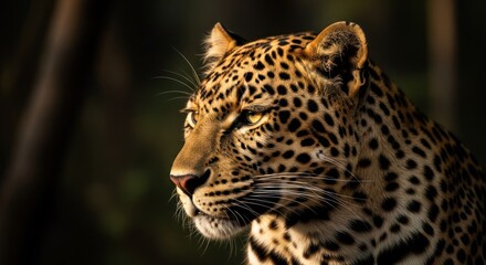 Obraz premium Leopard portrait, intense gaze, dappled coat, dark backdrop, sunlight