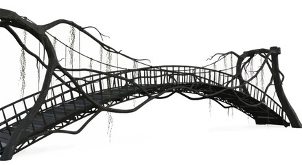 Mystical arboreal bridge rendered in grayscale isolated upon clean white backdrop