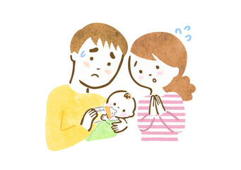 赤ちゃんの授乳がうまくいかずに焦る父親に寄り添うママの手描きイラスト