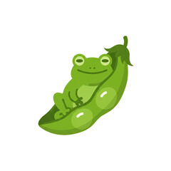 Fototapeta premium A charming illustration of a happy green frog resting comfortably inside a vibrant green pea pod. Perfect for nature, food, or cute animal themes.