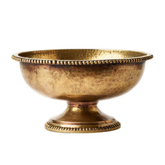 Hammered brass bowl on a short base, rim decorated with beading, golden patina and soft reflective rolloff, isolated on transparent background.

