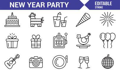 New Year holiday party icons set with fun, joy, and entertainment in stroke style