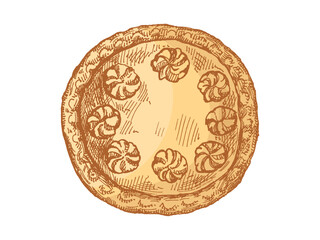 Hand drawn vintage sketch of whole round pie with decorative cream swirls on crust isolated retro style illustration