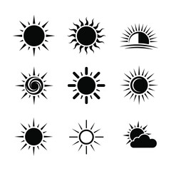 Collection of nine black sun icons in various styles on a white background symbol