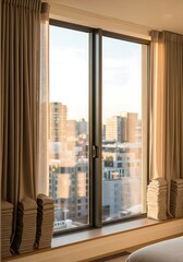 Fototapeta premium Modern apartment window with curtains and city view reflecting sunlight