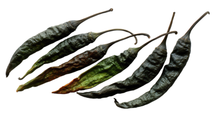 Elongated chili peppers with matte wrinkled texture, stems alternating direction, deep greenish-black with faint red accents, isolated on transparent background.