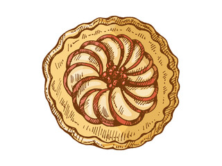 Hand drawn vintage sketch of round apple pie with slices and berries on top isolated vector illustration