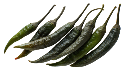 Row dark chili peppers arranged in a soft arc, stems alternating, wrinkled skin in charcoal-green with subtle red tones, isolated on transparent background.