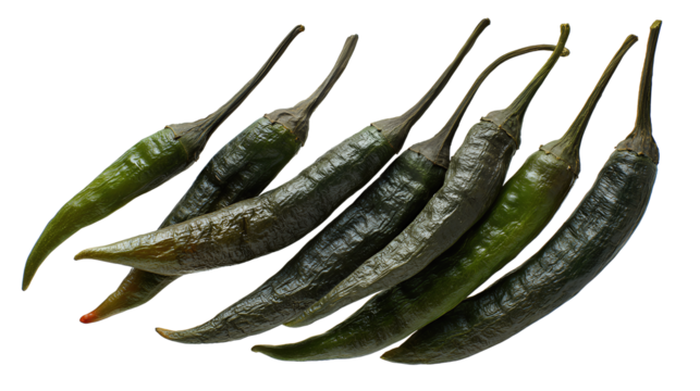 Row dark chili peppers arranged in a soft arc, stems alternating, wrinkled skin in charcoal-green with subtle red tones, isolated on transparent background.