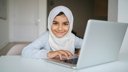 Smiling Young Muslim Girl Using a Laptop at Home