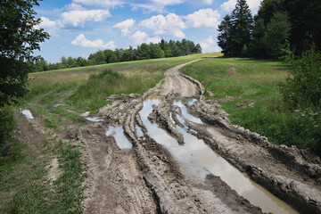 A muddy road with puddles of water