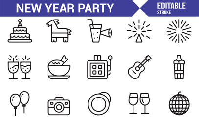 Holiday and New Year celebration icons collection with champagne and festive symbols