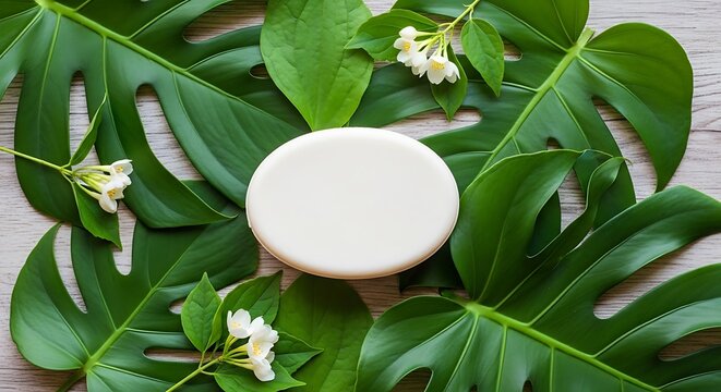 Oval soap bar with tropical leaves and white jasmine flowers arrangement