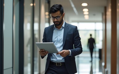 Busy Indian business man project manager looking at digital tablet walking in office. Professional businessman entrepreneur going in hallway holding tab working using tab computer. Candid photo.