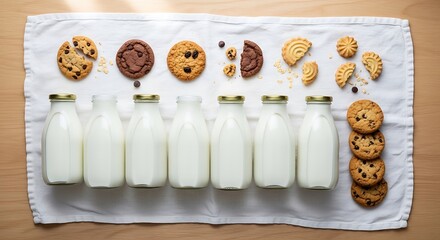 Row of Milk Bottles and Assorted Cookies on a White Cloth Lay Flat View