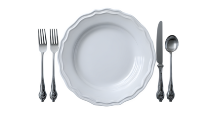 Silver flatware place setting, isolated on transparent background