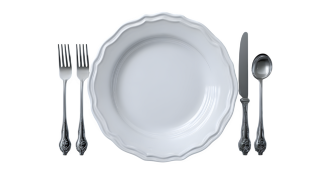 Silver flatware place setting, isolated on transparent background