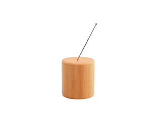 Light beige cylindrical wooden object with a metal rod