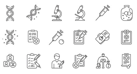 Medical and scientific research icon set. Thin line vector symbols for genetics, laboratory analysis, vaccination, and healthcare services