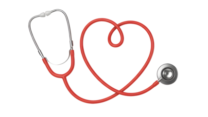 Red stethoscope forming a heart shape, representing healthcare and love in medicine, 3D render