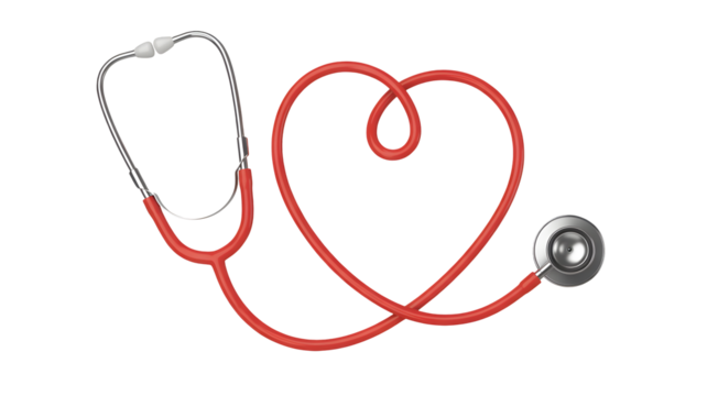 Red stethoscope forming a heart shape, representing healthcare and love in medicine, 3D render