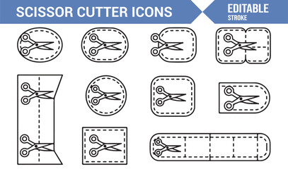 Editable stroke scissor cutter icons set with coupon tags, labels, and discount shapes