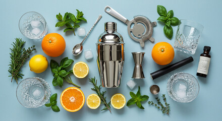 Cocktail preparation tools and ingredients arranged on blue background  