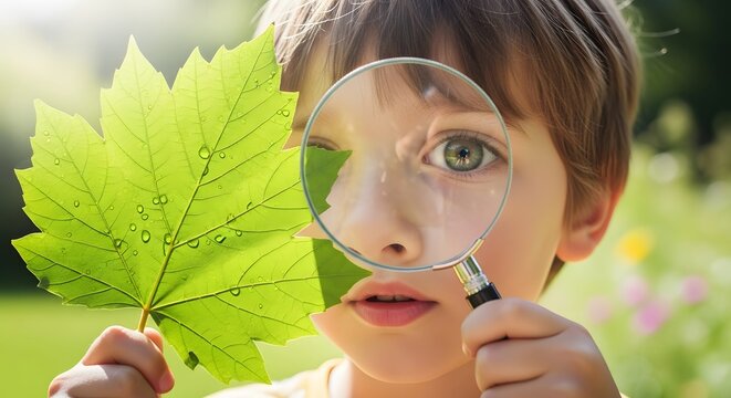Child exploring nature with magnifying glass and leaf.