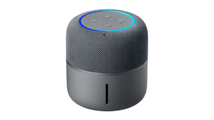 Modern smart speaker with glowing interface, for home automation and entertainment.