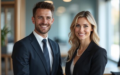 Two happy executives business man and woman partners in office. 2 smiling company managers, businessman and businesswoman leaders professional team standing at work looking at camera. Portrait.